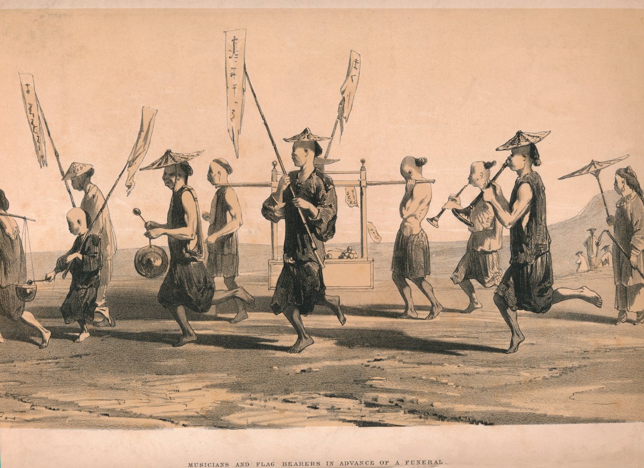 「葬式の前のミュージシャンと旗手」、c1860。 作： MとNハンハート