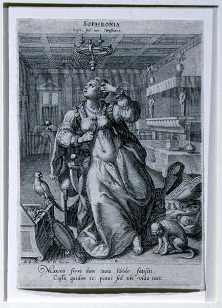 ラファエル・サドラー1世（1561-1632）による「貞節の象徴としての3人の女性」を描いたシリーズのソフロニア、1590年頃（エングレーヴィング 作： Maarten de（後）Vos
