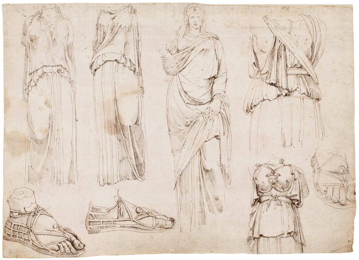 女性像とサンダル、1498～1574年頃（赤いチョーク、ペン、茶色のインク） 作： マールテン・ファン・ヘムスケルク（円）