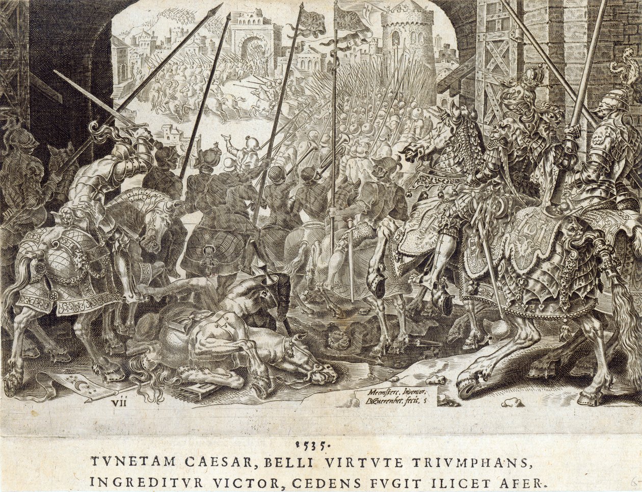 1535年のチュニスの征服、「チャールズ5世皇帝の軍事功績」のプレート7、Dirk Volkertsz Coornhert（1522-90）、1555（彫刻とエッチング）によって彫刻 作： マールテン・ファン・ヘームスケルク
