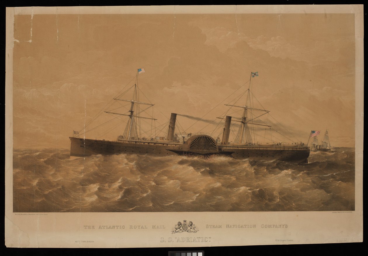 大西洋ロイヤル・メール蒸気航行会社の汽船S.S.アドリアティック号、1856年頃（リトグラフ、彩色済み） 作： マクドナルド＆カンパニー・マクルーア