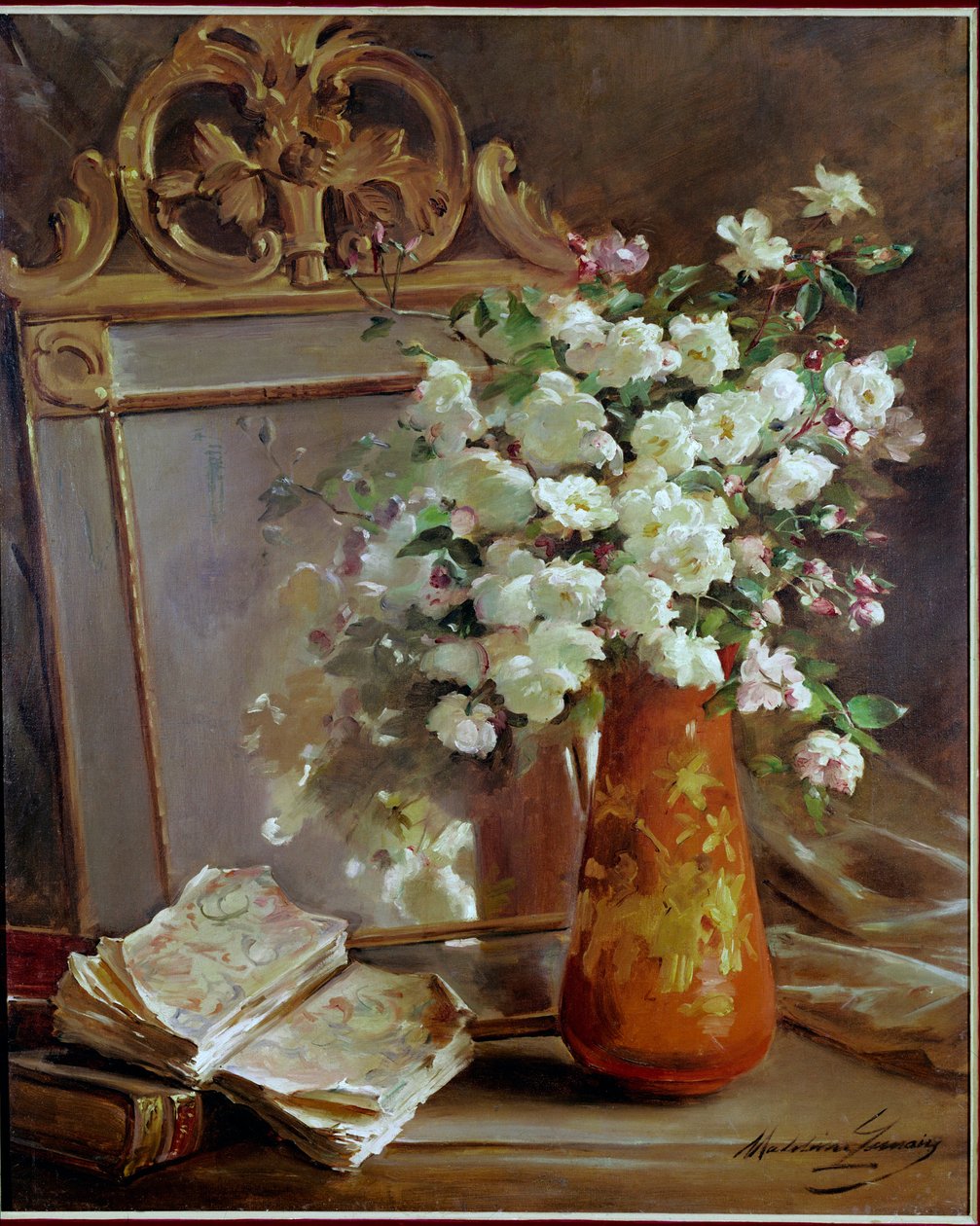 赤い花瓶の静物画（鏡、花束、本を含む）。マドレーヌ・ルメール（1845