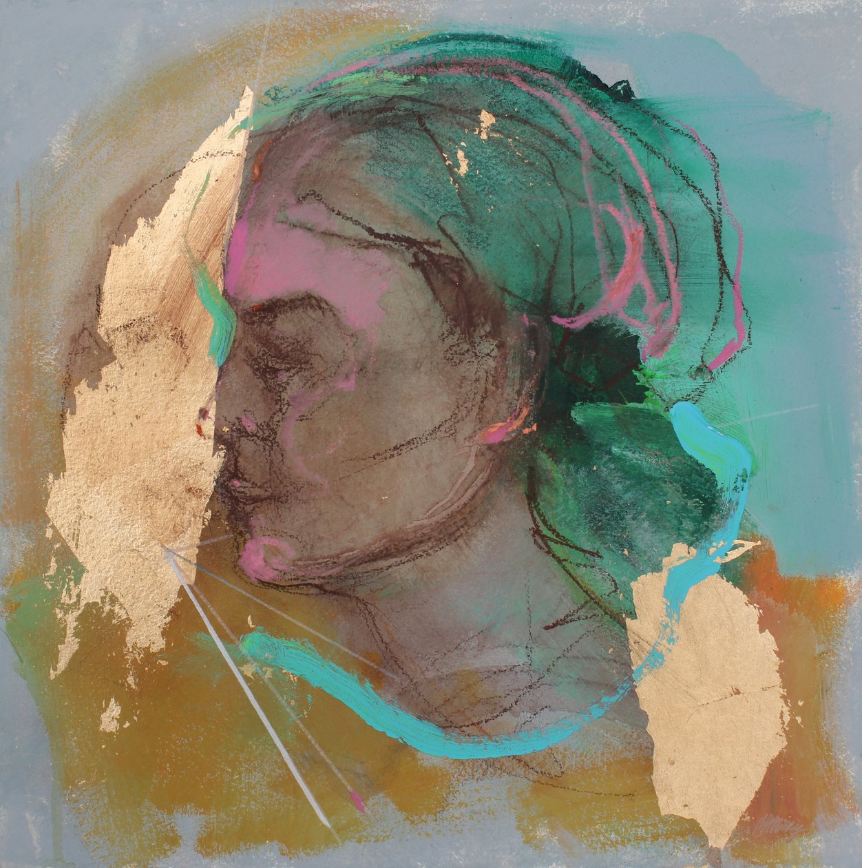 Lost In Thought 6, 2020（紙にアクリル、パステル、金箔） 作： 