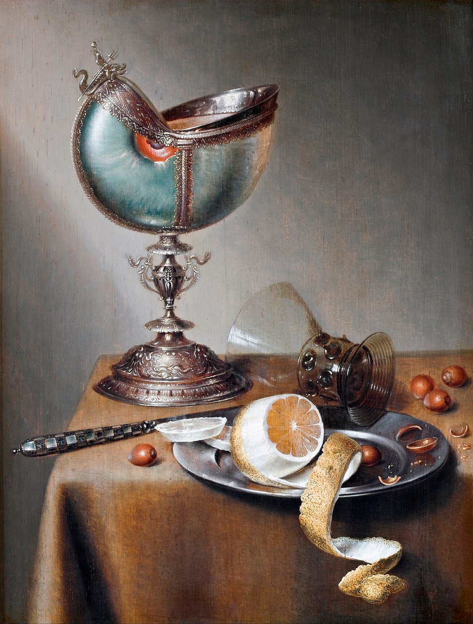 「オウム貝の杯を持つ静物画 マルテン・ボエレマ・ド・ストーム（1611-1644）の絵画 木に油彩 Dim 50x38 cm Hallwylska Museet, Stockholm 作： Maerten Boelema de Stomme