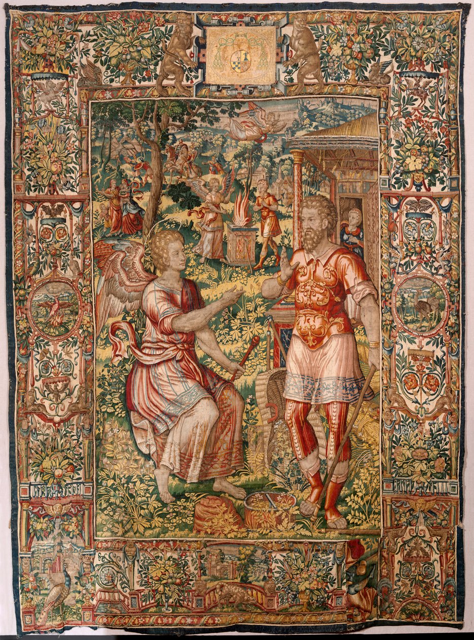 教区博物館 (Museo Diocesano)。 フランダースのタペストリー。 ブリュッセル。 フランソワ・ジュベルのアトリエ。 シリーズ ストーリー オブ ギデオン。 ギデオンと天使 (Gedeón y el angel)。 シルクとウール。 ビセンテ ロカ デ ラ セルナ司教の遺贈。 バロック。 1534-1571 年以来、大聖堂で 作： マールテン・ファン・ヘームスケルク