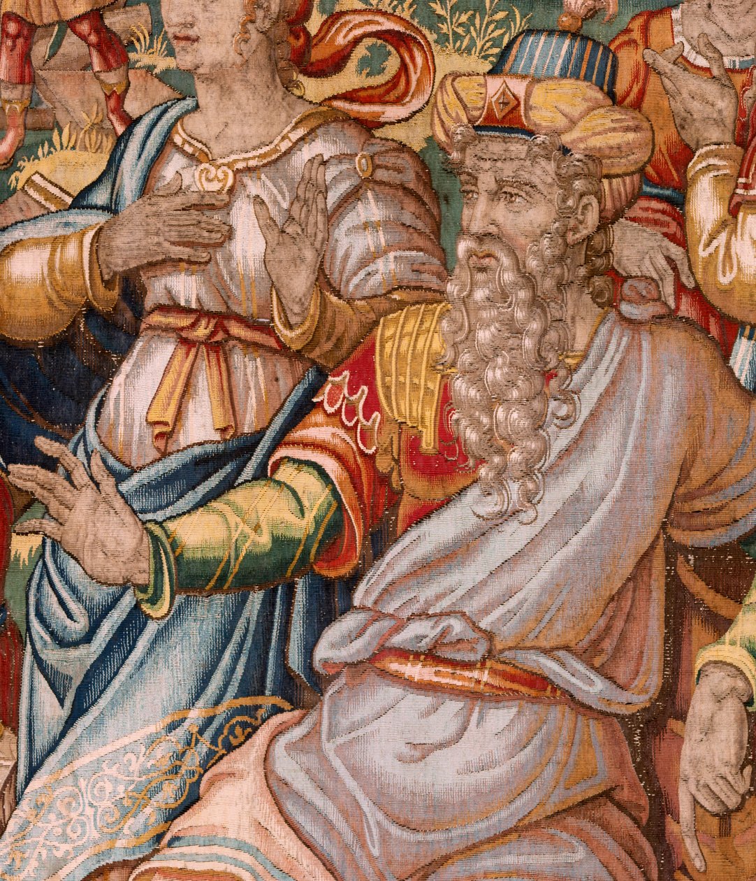 Diözesanmuseum. Flämischer Wandteppich. Brüssel. Atelier François Geubels. Serie Geschichte von Gideon. Joash wird informiert, dass Gideon den Altar des Baal zerstört hat. Seide und Wolle. Vermächtnis von Maerten van Heemskerck