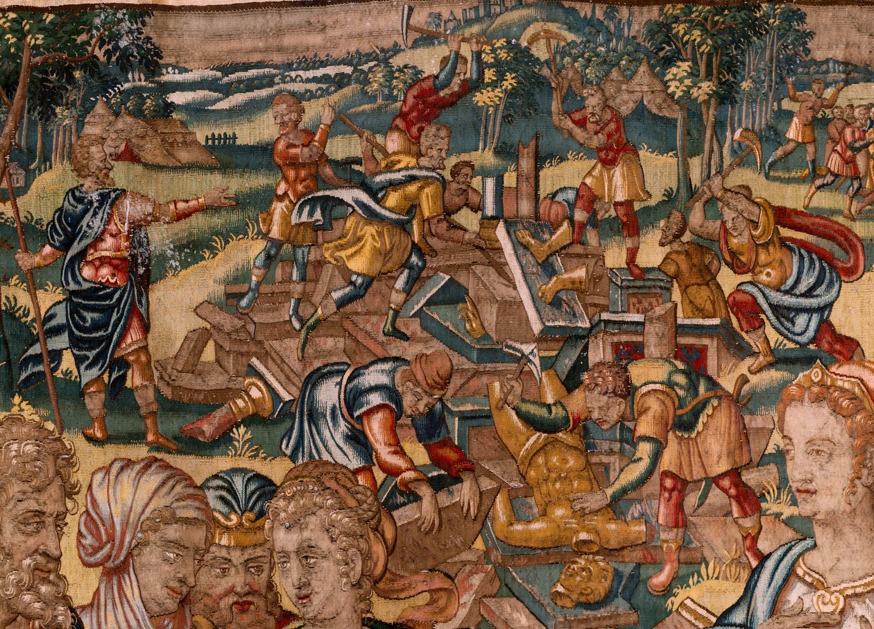 Diözesanmuseum (Museo Diocesano). Flämischer Wandteppich. Brüssel. Atelier François Geubels. Serie Geschichte von Gideon. Joash wird informiert, dass Gideon den Altar des Baal zerstört hat. Seide und Wolle. Vermächtnis von Bischof Vicente Roca de la Serna. von Maerten van Heemskerck