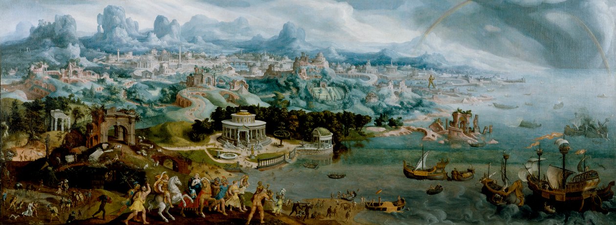 「古代世界の七不思議」を背景にヘレネの誘拐を描いたパノラマ画 作： マールテン・ファン・ヘームスケルク