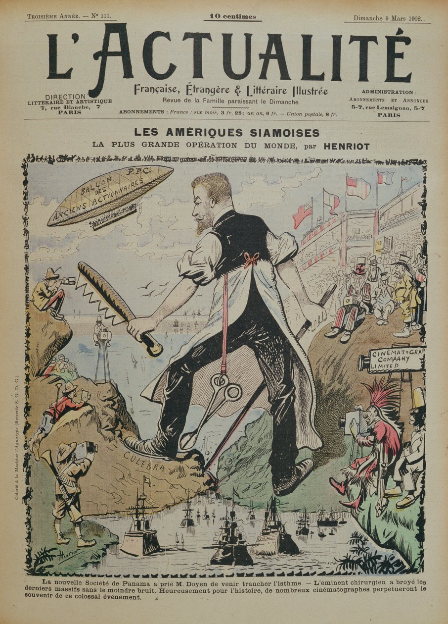 1902年3月9日、LActualite誌の表紙、パナマ運河の建設とその周辺のメディア報道に関する風刺漫画 作： アンリ・メグロ