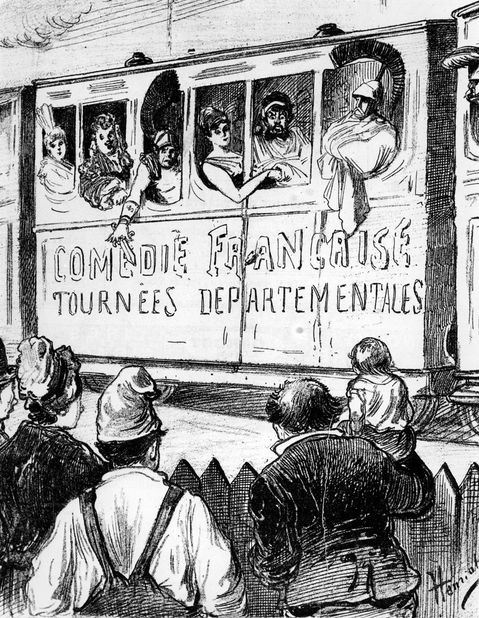 特別列車でフランスをツアー中のコメディフランセーズのキャストは、19世紀後半の劇場の様子を田舎の人々に垣間見せるのをやめます 作： アンリ・メグロ