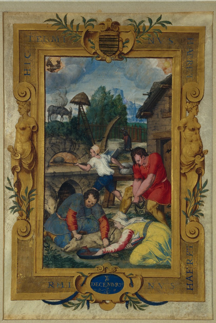 12月のカレンダーページ、時間の本からの豚の屠殺、c.1550-60 作： クロード・グフィエのマイトル・デ・ヒュール