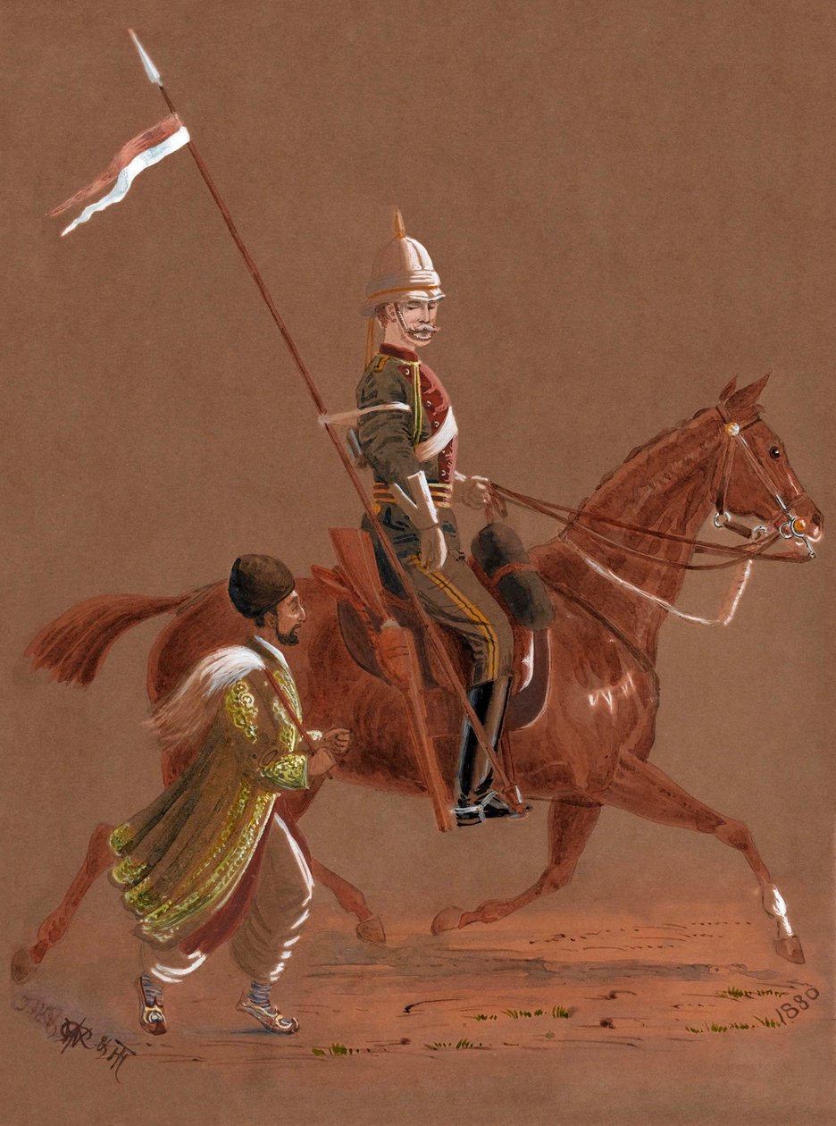 乗馬する第9ランサーズの兵士と、その横を走るアフガン兵 作： RGウッドソープ少将