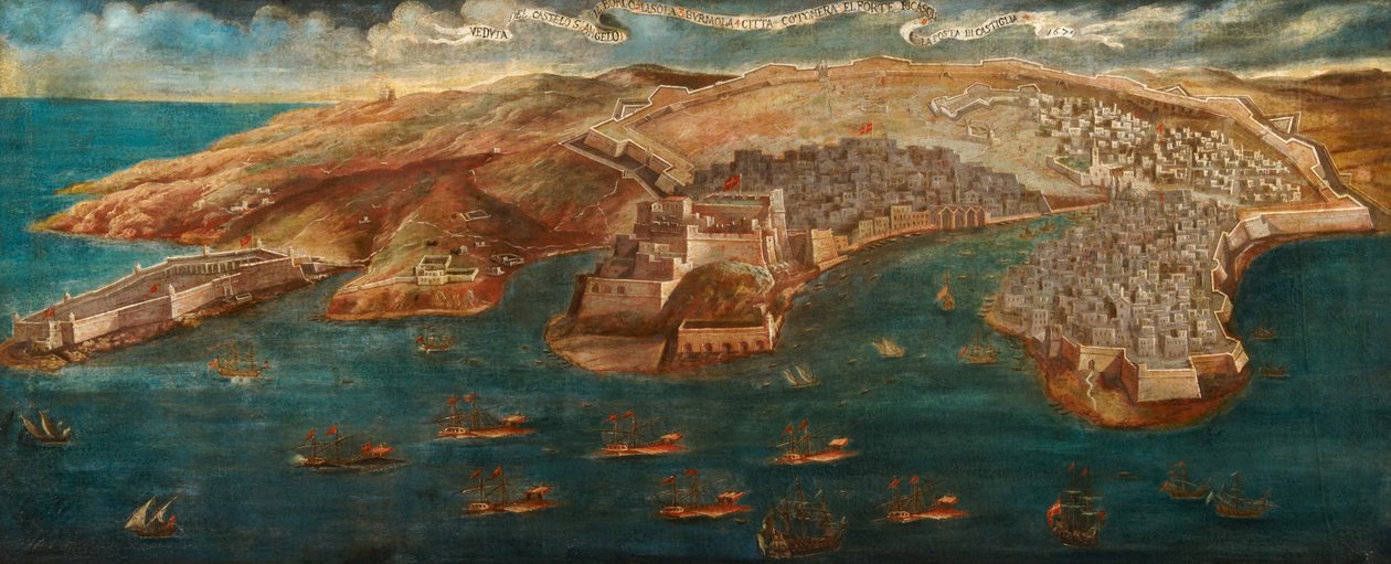 1679年、バレッタからフォートリカソーリ、セントアンジェロ城、リゾラ、コトネララインの眺め 作： マルタ学校