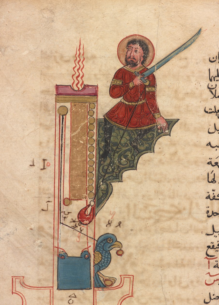 Kitab fi ma`arifat al-hiyal al-handisaya (巧妙な機械装置の知識の本) のろうそく時計、フォリオ al-Jazari (d. 1206) による Automata (紙にインク、不透明な水彩、金) 作： マムルーク朝の学校