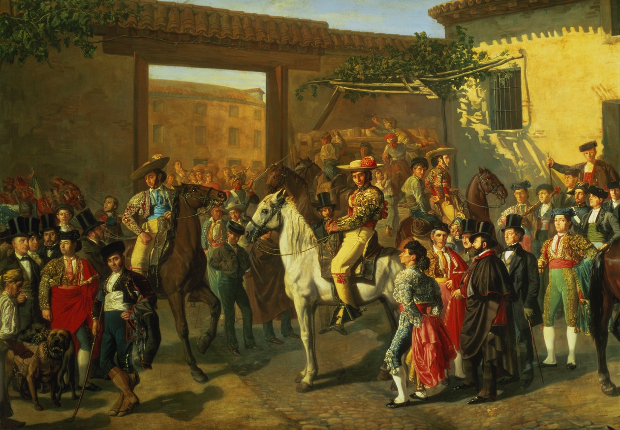 闘牛前の闘牛場の中庭の馬、マドリッド、1853年（詳細） 作： マヌエル・カステラーノ