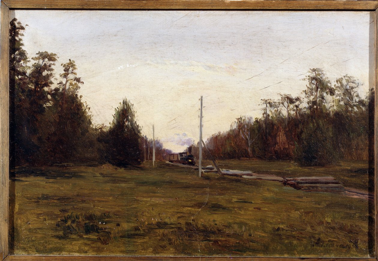 電車のある風景。 マヌイル クリストフォロヴィッチ アラジャロフ (1862-1934) の絵画。 ボール紙に油彩、29.5 x 43.5 cm。 20世紀初頭のロシア美術. 地方美術館、プリオス。 ©FineArtImage/リーマージュ 作： Manuil Christoforovich Aladzhalov