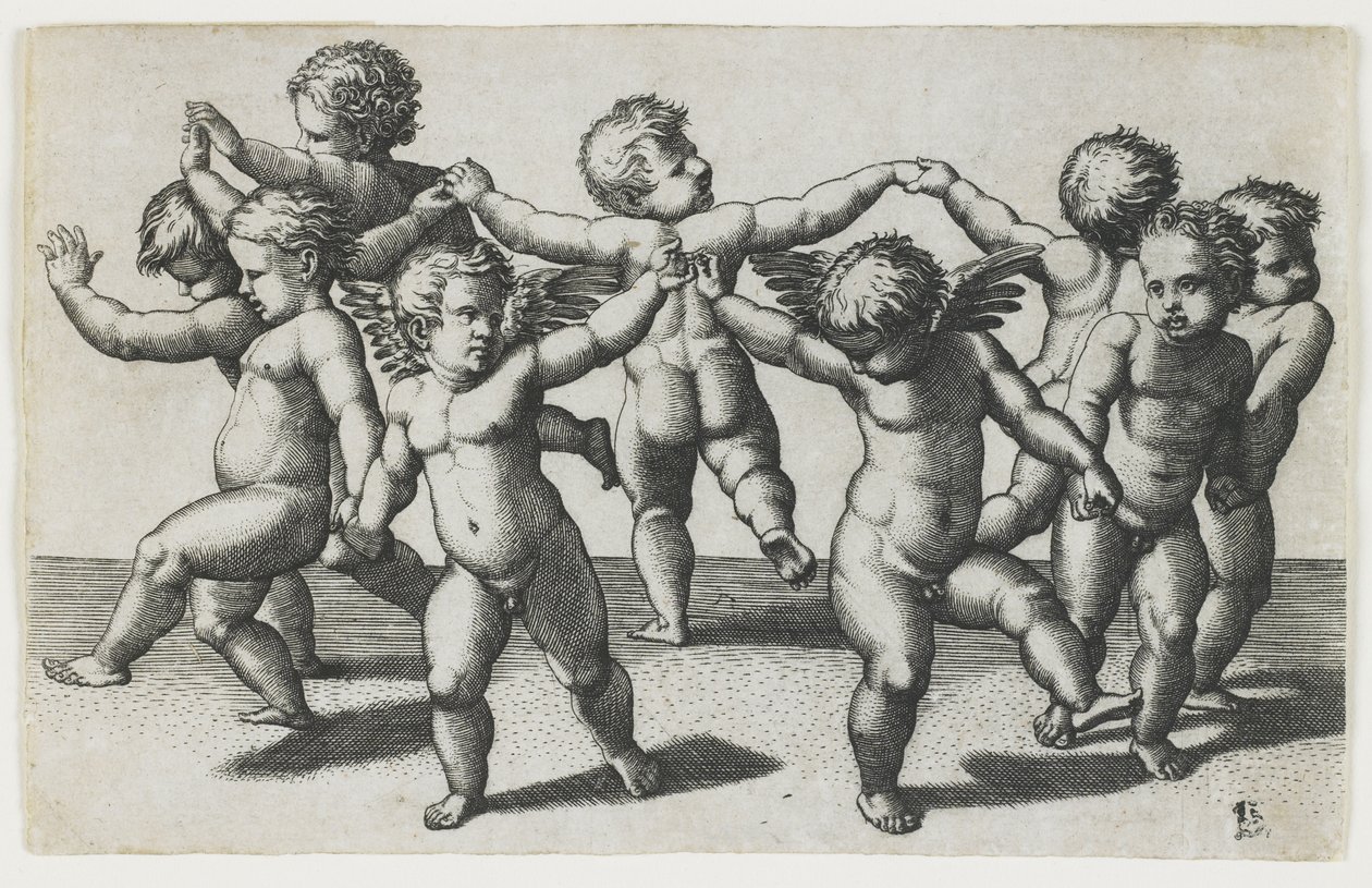 ダンスで子供を導く2つのキューピッドc。 1517〜1520 作： マルカントニオ・ライモンディ