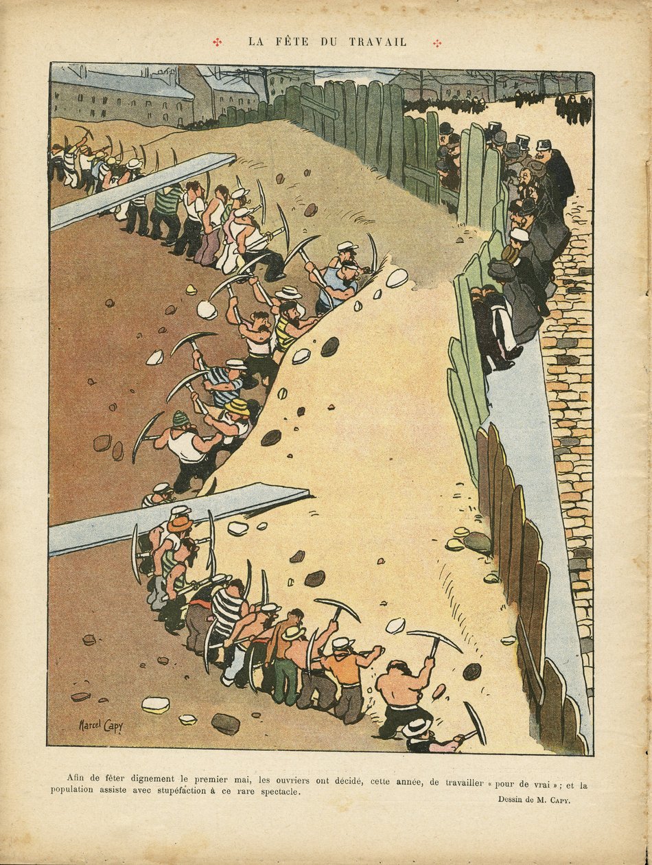 マルセル・カピ（1865-1941）によるイラスト（Le Rire誌）、27/04/12 - 労働の日 - 建築 都市計画 仕事 5月1日 - テラシエ 作： マルセル・アマブルOLキャピ
