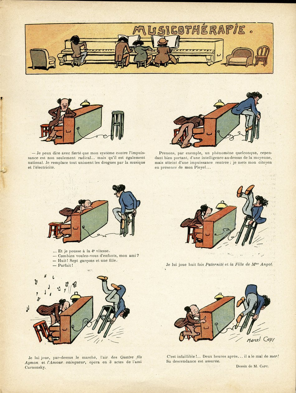 Marcel Capy (1865-1941) によるイラスト（Le Rire, 30/03/12） - Musicotherapie - 音楽、ピアノ 作： マルセル・アマブルOLキャピ