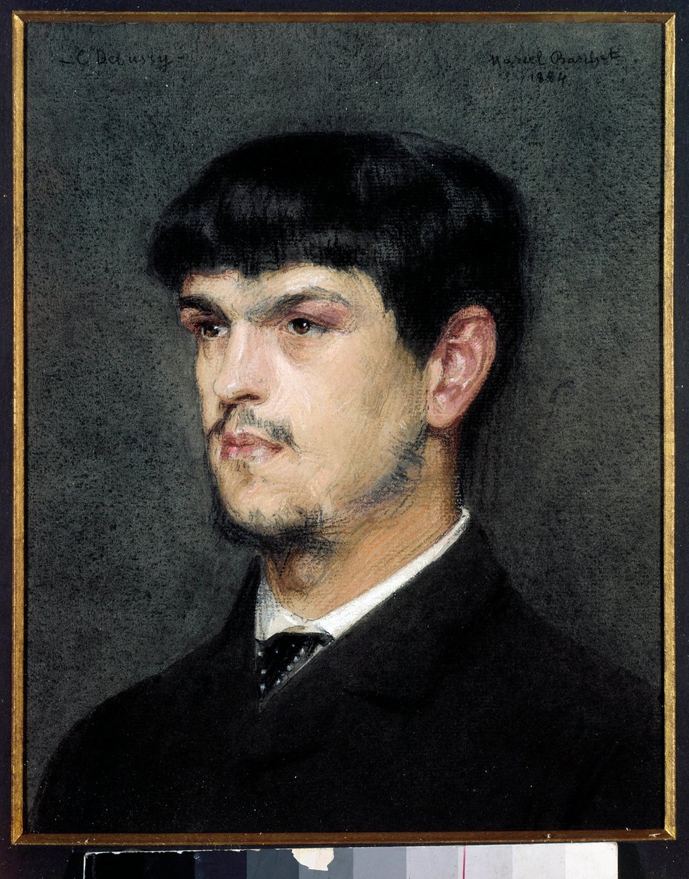 フランスの作曲家クロード・ドビュッシー（1862-1918）の肖像 黒い石とパステル画 マルセル・アンドレ・バシェ（1862-1941）1884年 薄暗い0,27 x 0,26 m 作： マルセル・アンドレ・バシェット