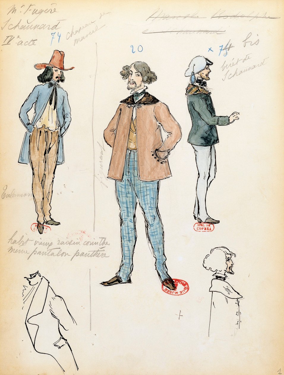 França, Paris, Esboço de figurino para o músico Schaunard na ópera La boheme de Giacomo Puccini (1858-1924), apresentação na Ópera Comique de Paris, 13 de junho 作： マルセル・マルツァー