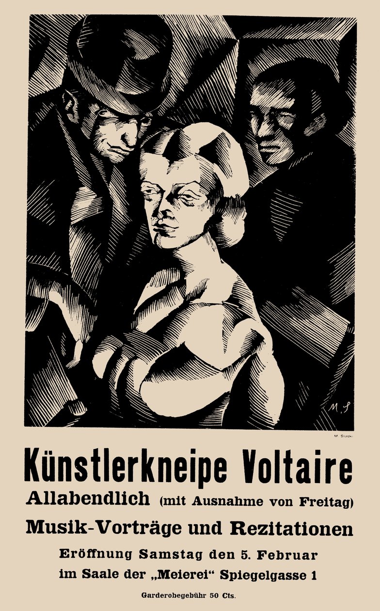 1916 年 2 月 5 日のキャバレー ヴォルテールのオープニングのポスター - マルセル スロドキ (1892-1944)。 リソグラフィー 作： MarcelSłodki