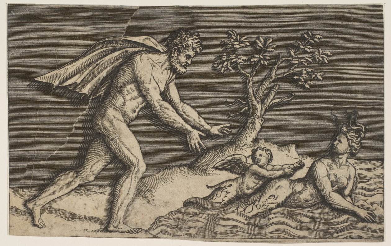 ネイドとキューピッドを水中に追い込む裸の男。 1515-27。 作： マルコ・デンテ