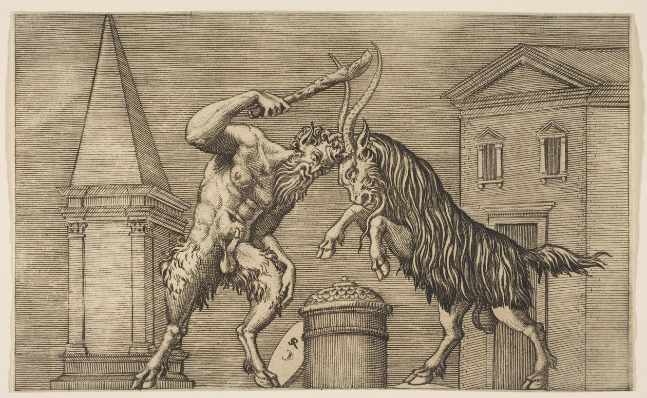サテュロスとラムが互いに攻撃し、サテュロスが右手でクラブを振り回している...、ca。 1515-27。 作： マルコ・デンテ