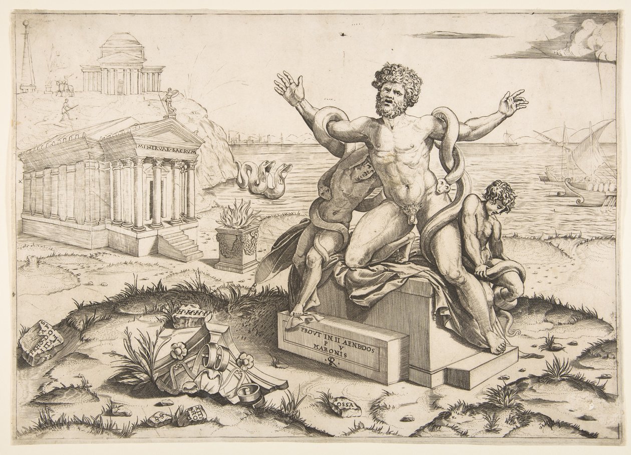 Laocoönと彼の2人の息子が台座、Mi ...の寺院に蛇に襲われている。 1515-27。 作： マルコ・デンテ