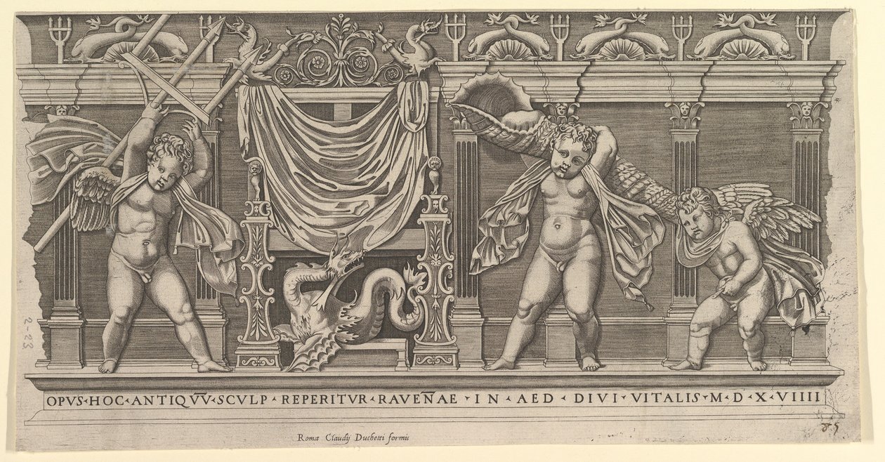 Speculum Romanae Magnificentiae:3つのキューピッドを持つバスレリーフ、1519年 作： マルコ・デンテ