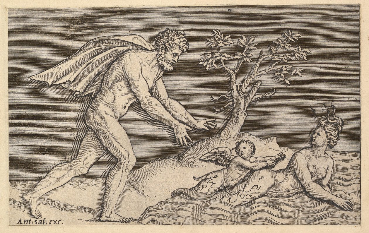 壮大なローマのガラス：Naiad caを追求する裸の男。 1515-1527。 作： マルコ・デンテ