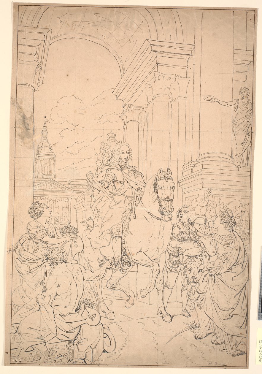 絵の下書き: デンマークとノルウェーは Chr に敬意を表します。 VI (1794 年にクリスチャンスボーで焼失) 作： マーカス・タッシャー