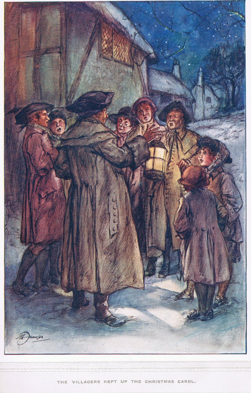 村人たちは、オリバーゴールドスミスの「ウェイクフィールドの牧師」のイラストであるクリスマスキャロルを1910年頃に続けました。 作： マーガレット・ジェイムソン