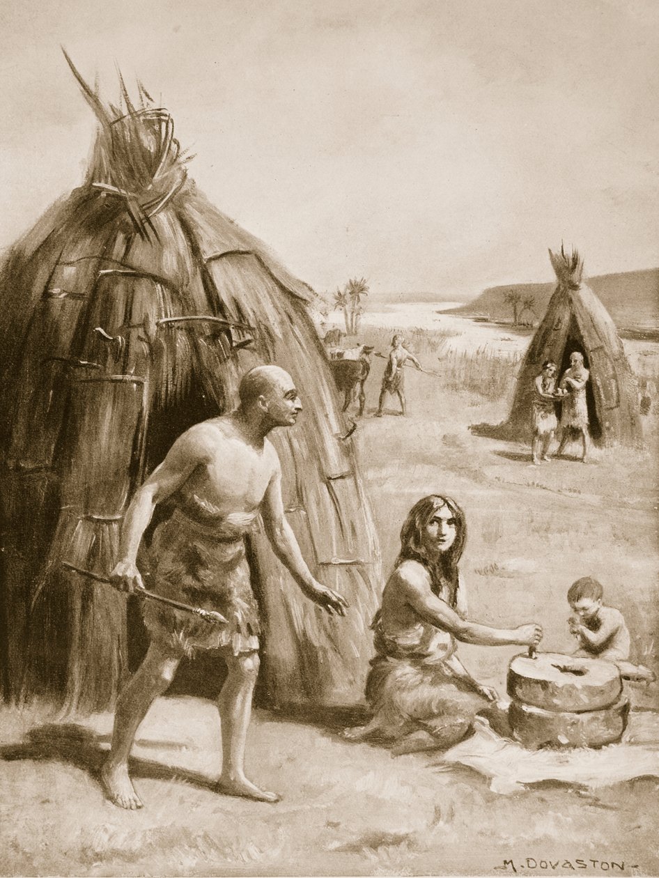 原始シュメールの集落。1910年頃、「Hutchinsons History of the Nations」より（リトグラフ）。 作： マーガレット・ドヴァストン