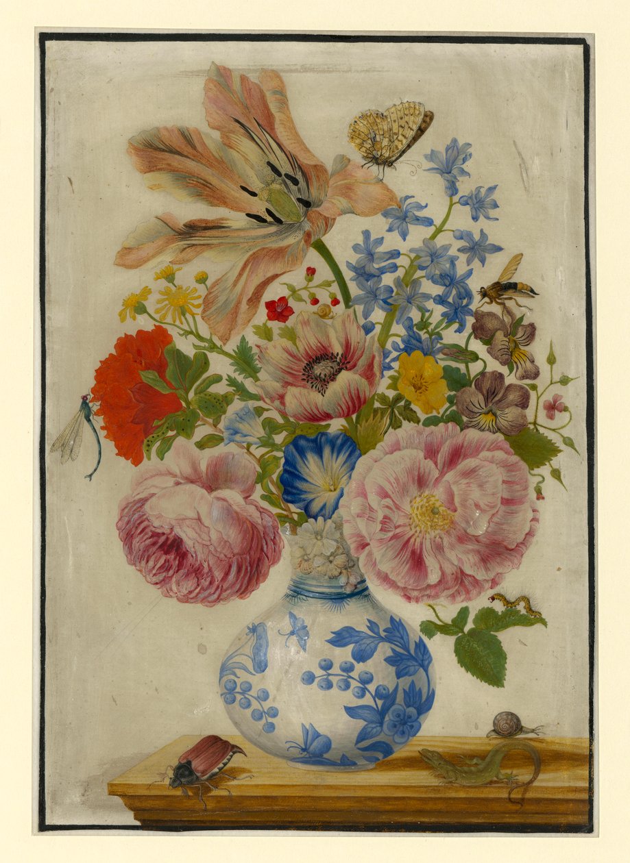 バラ、ケシ、カーネーションが描かれた中国の花瓶 作： マリア・シビラ・メリアン