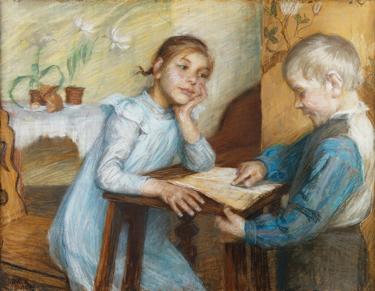 少年が少女に朗読するインテリア、1912 作： マリア・ウィーク
