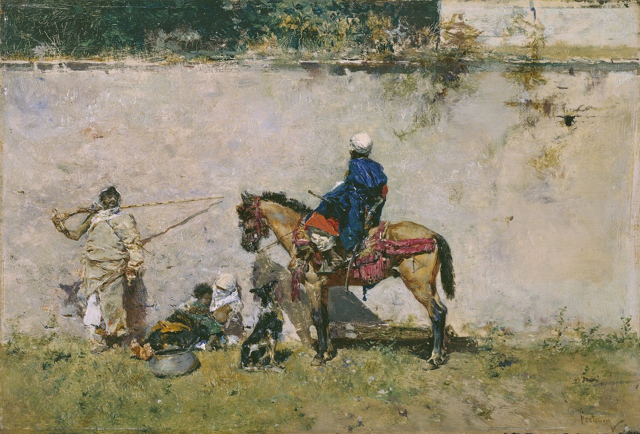 オリエンタリズム: 水辺のモロッコ人家族 (モロッコ人) - Mariano Fortuny (1838-1874) の絵画 作： マリアーノ・フォーチュニー