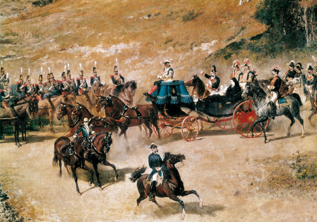 1837年にマドリードを守る砲台を視察するマリア・クリスティーナ女王と娘のイサベル2世、細部、1866年頃（油彩・キャンバス 作： マリアーノ・ホセ・マリア・ベルナルド・フォーチュニー・イ・カーボ
