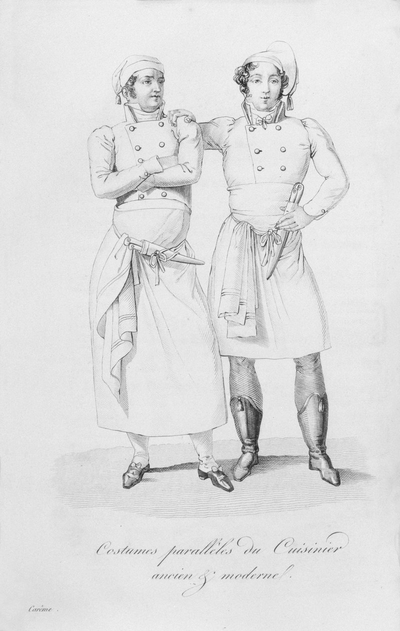 1822年に出版されたマリーアントワーヌケアムの「Le Maitre d&39;Hotel francais」のさまざまな時代の料理人の衣装 作： マリー・アントワーヌ・カレーム