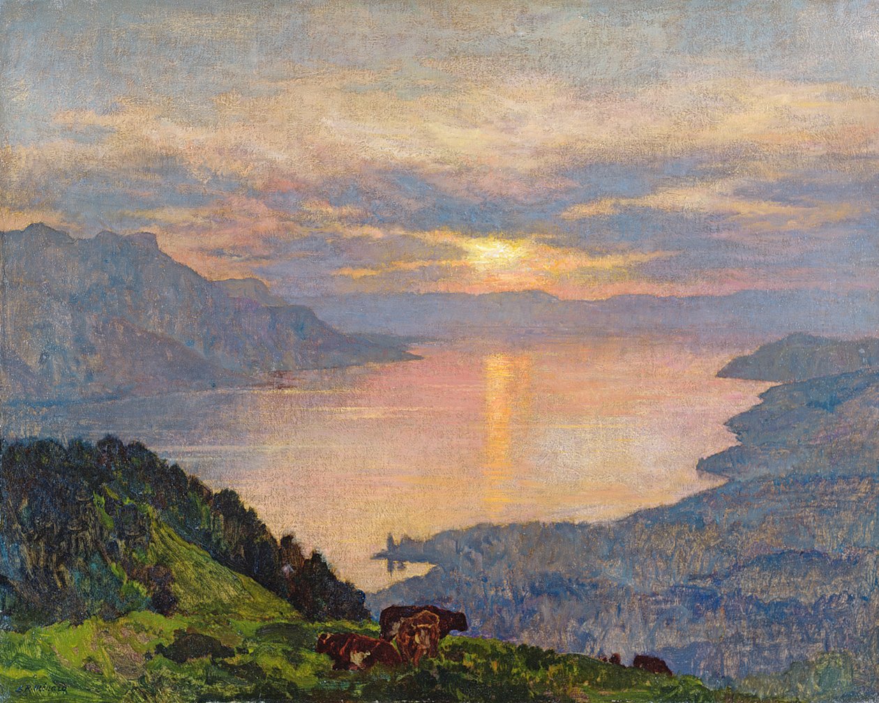 ジュネーブ湖に沈む夕日、1907年 作： マリー・オーギュスト・エミール・ルネ・メナード