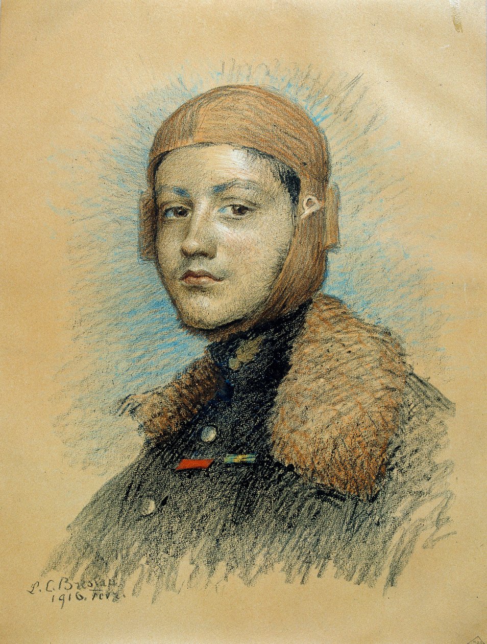 フランスの軍用機パイロット、ジョルジュ・ギュイネメール（1894-1917）の肖像。1916年2月のドローイング。Marie Louise Catherine Breslau (1856-1928) ec.suis.によるドローイング。 作： マリー・ルイーズ・キャサリン・ヴロツワフ