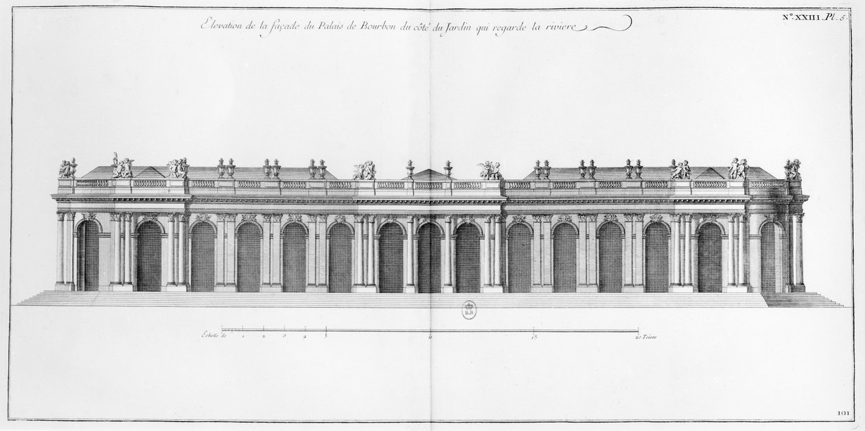 ジャックフランソワブロンデル作「L&39;Architecture Francaise」（1755-74）、1752年〜56年のパリ、ブルボンのセーヌ川のファサード 作： マリエットP.