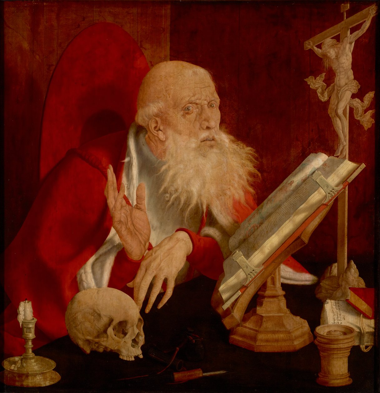 Saint Jerome dans sa cellule - 独房の聖ジェローム、Reymerswaele、Marinus Claesz、van (ca. 1490-after 1567) 作。 木に油彩、約1545年。寸法：84.3x82.5cm。 ブルケンタール国立博物館、シビウ 作： マリヌス・ファン・レイマースワーレ