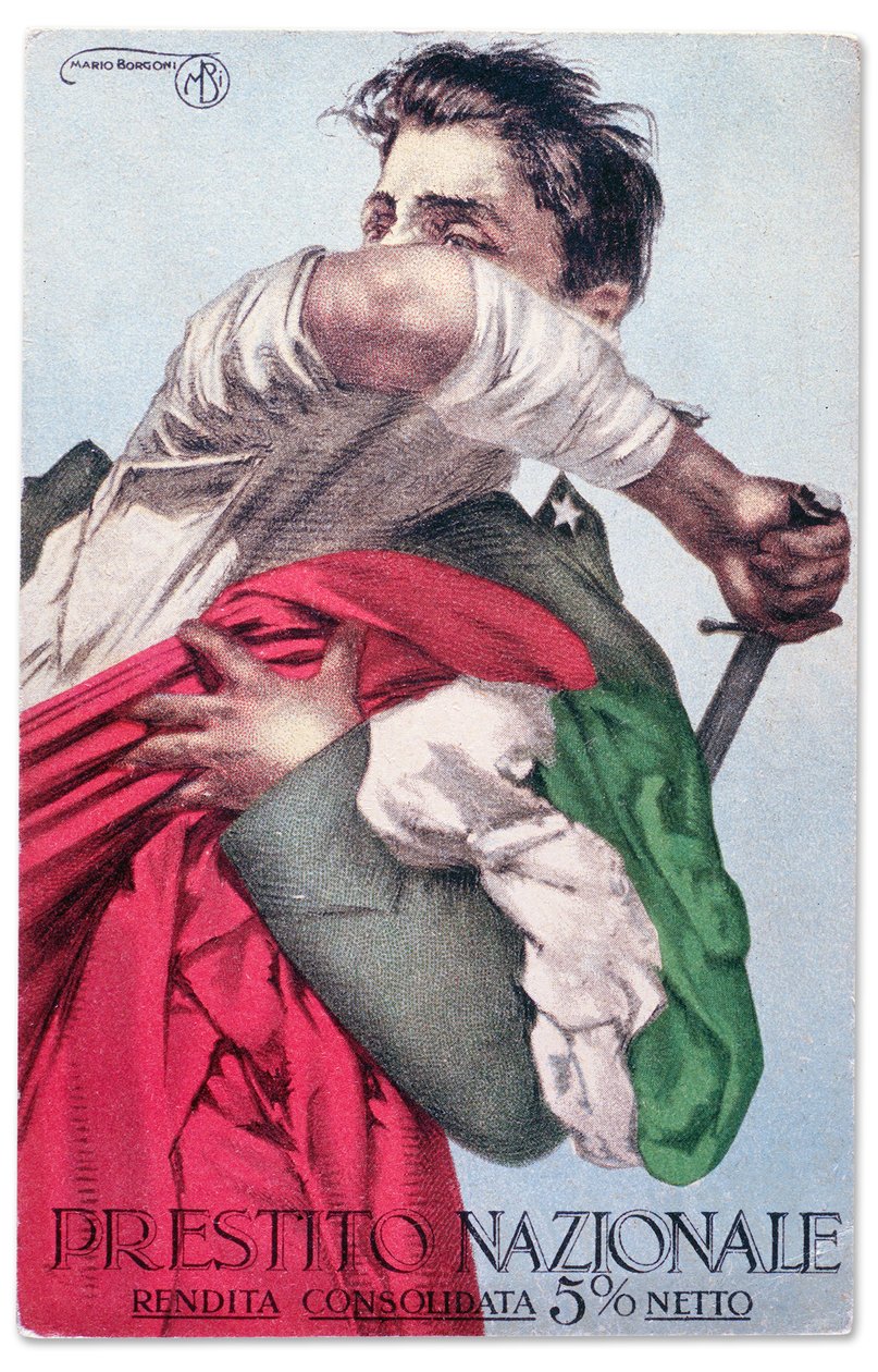 抜刀して三色旗を守るイタリア兵。1915-18年頃の国民貸付金の宣伝用郵便はがき（ポストカード） 作： マリオ・ボルゴニ