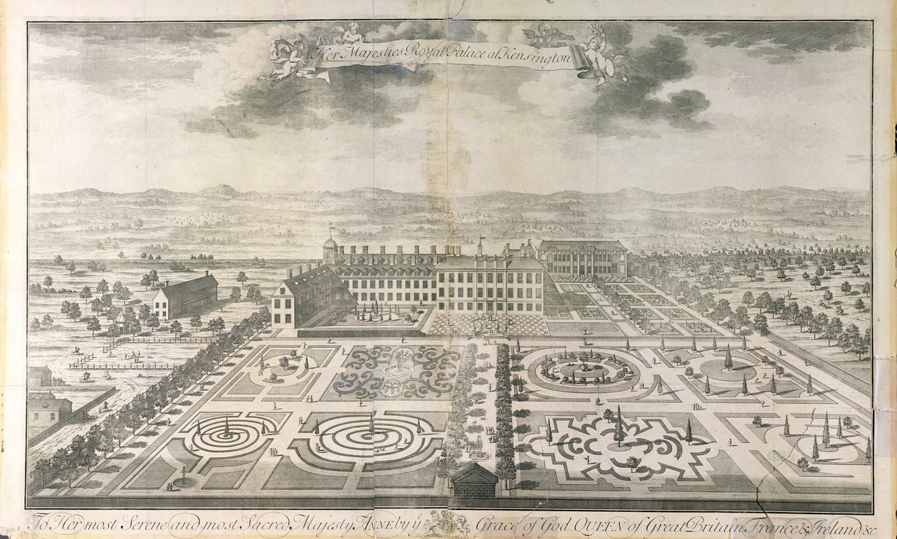 ヨハネスキップ（c.1652-1722）パブによって刻まれたケンジントン宮殿の庭園の鳥瞰図。 J.スミス作、1724年 作： マーク・アンソニー・ハウドロイ