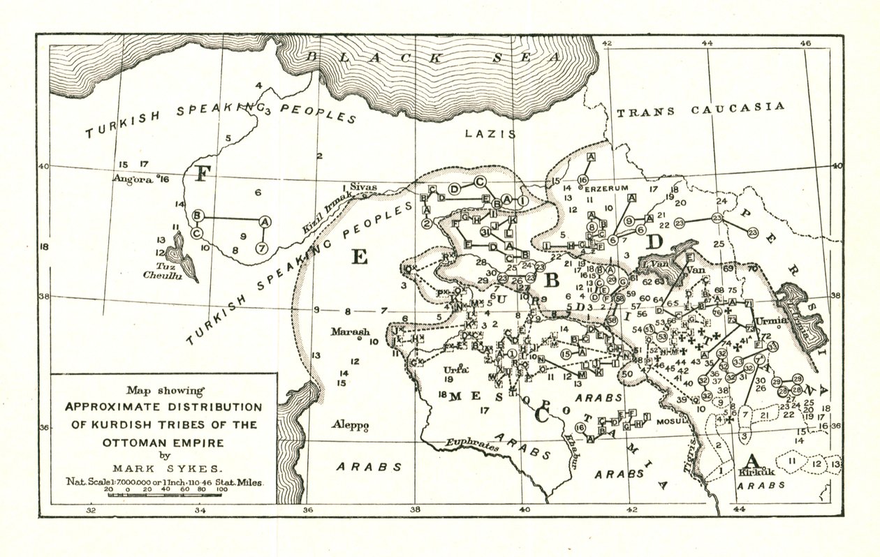 「オスマン帝国のクルド部族のおおよその分布を示す地図」、1915 年頃。 作： マークサイクス