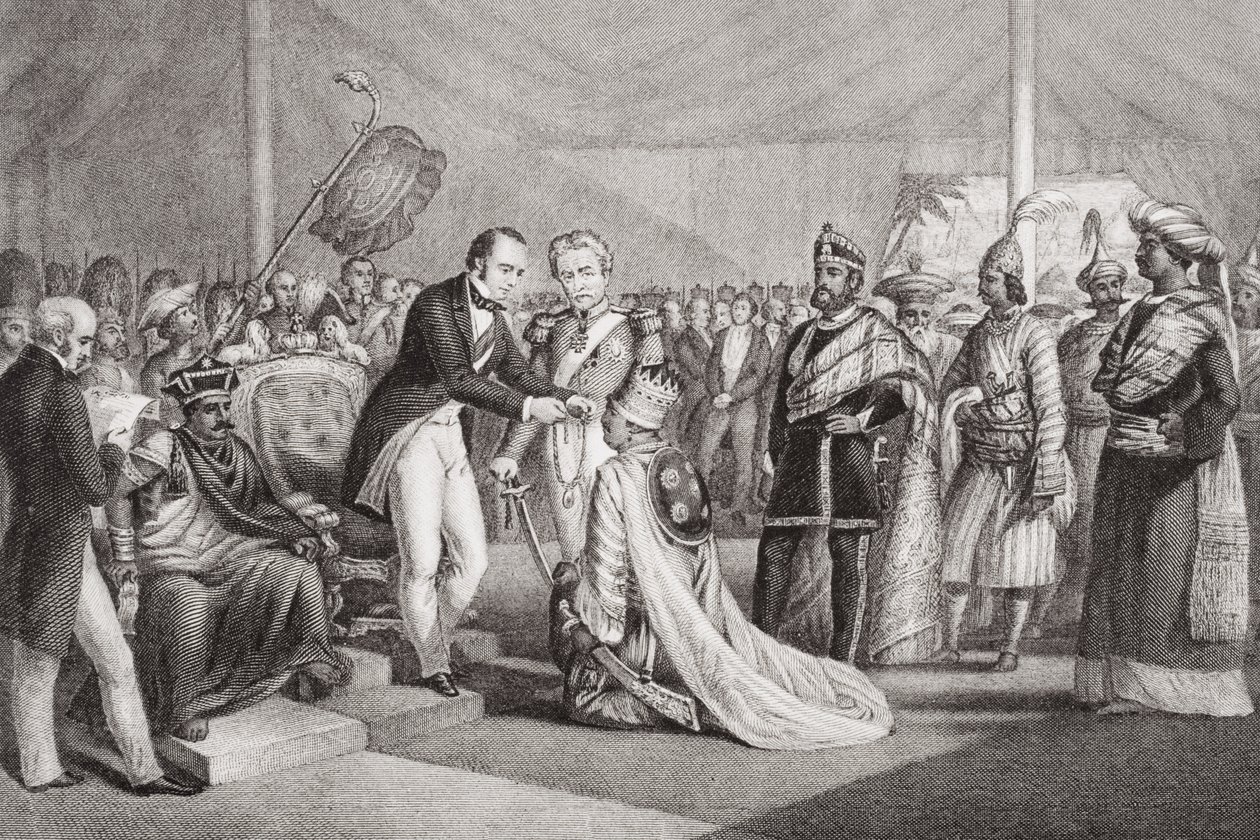 「英語とスコットランドの歴史の図解」第2巻の1858年、セポイの反乱の鎮圧後のカウンポアのグランドダルバール 作： マーシャル・クラクストン
