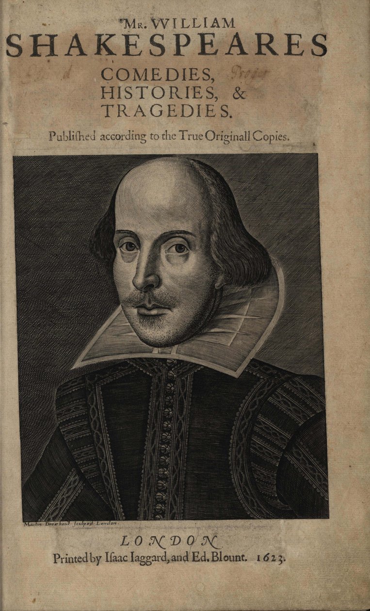 最初のシェイクスピアのフォリオのタイトル ページ、1623 年 作： マーティン・ドルーシャウト