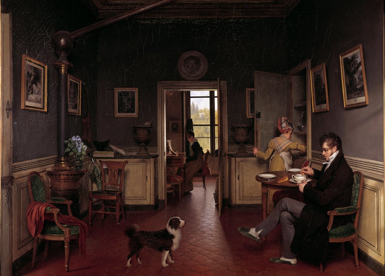 1815年のダイニングルームの内観 犬の目の前で朝食をとるスリッパ姿の男性。マーティン・ドローリング（1752-1817）の絵 作： マーティン・ドレリング