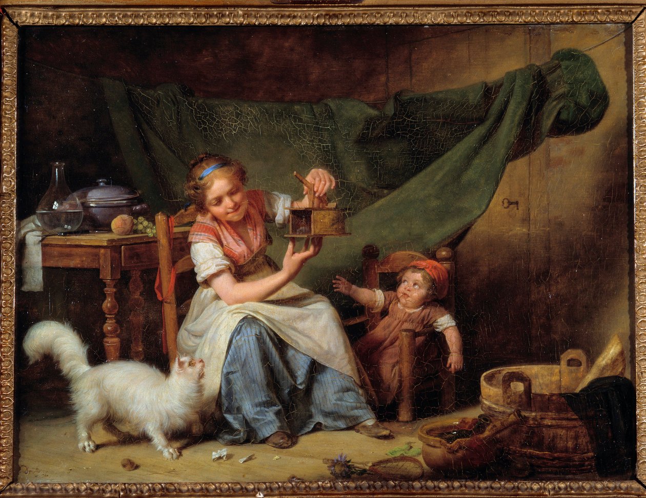 女とネズミ 猫と赤ん坊の前でネズミ捕りを手にする少女。マーティン・ドローリング（1752-1817）による絵画 1798年 日0,25x0,35 m オーリンズ美術博物館 作： マーティン・ドレリング